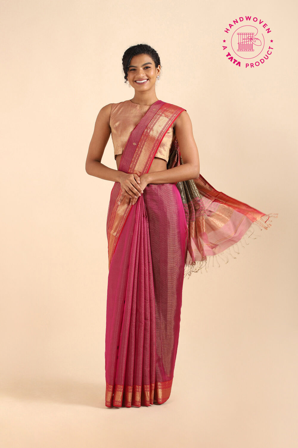Dark Pink Pure Cotton Tissue Maheswari Saree image number null