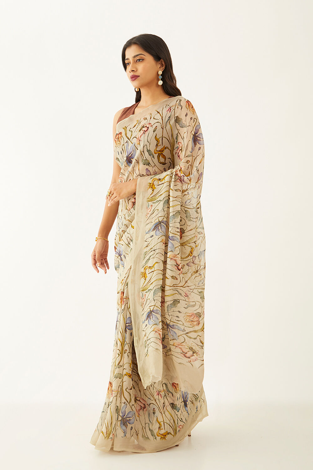 Beige Viscose Organza Digital Print Saree image number null