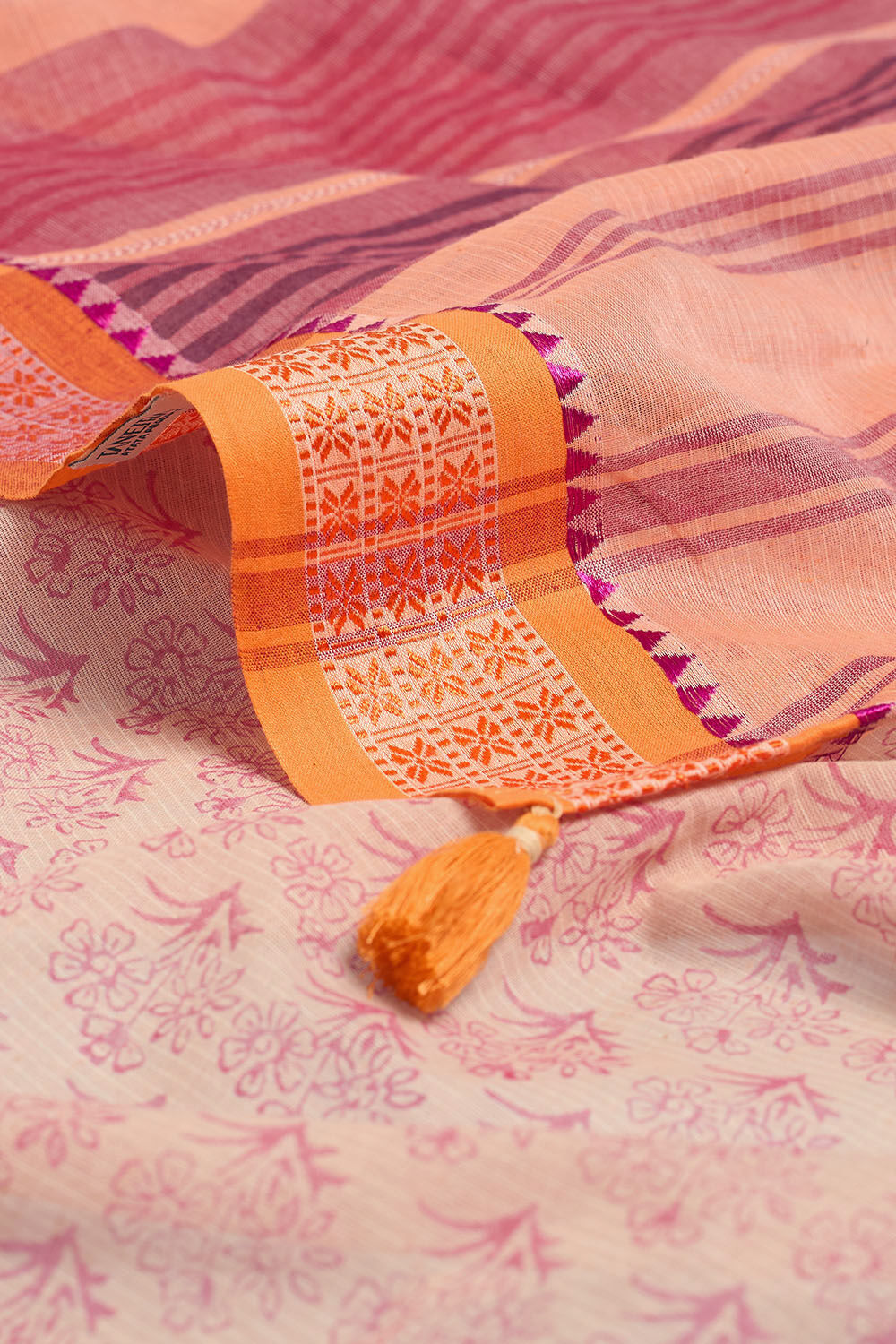 Orange Pure Cotton Block Printed Bengal Saree image number null