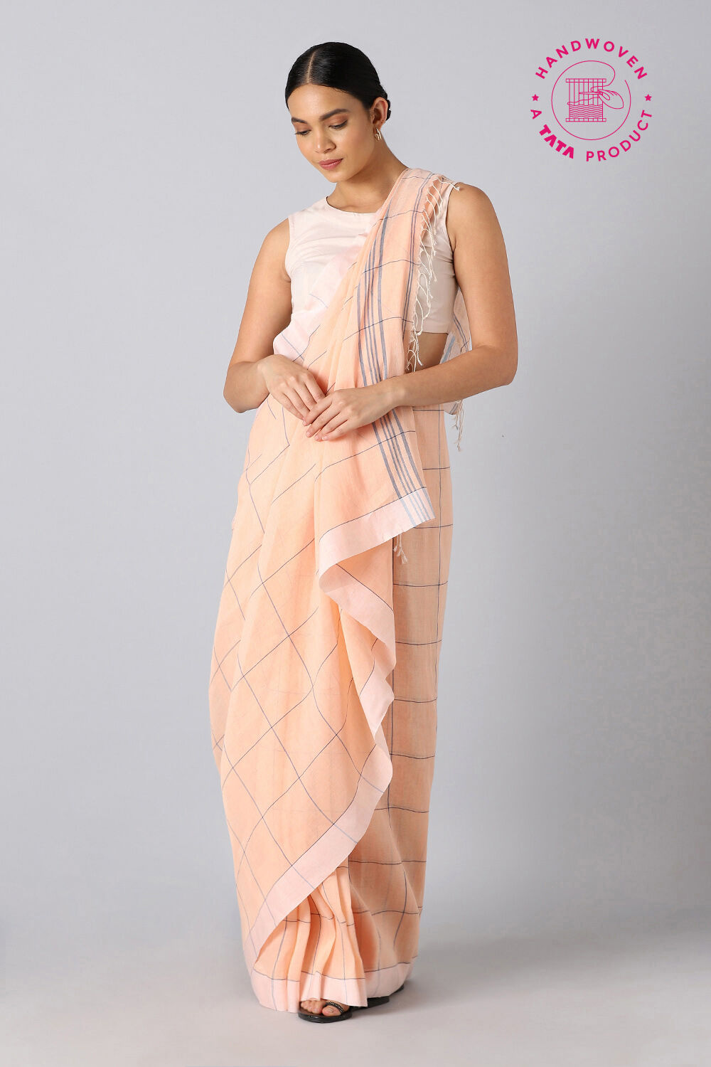 Light Orange Pure Cotton Linen Bengal Saree image number null