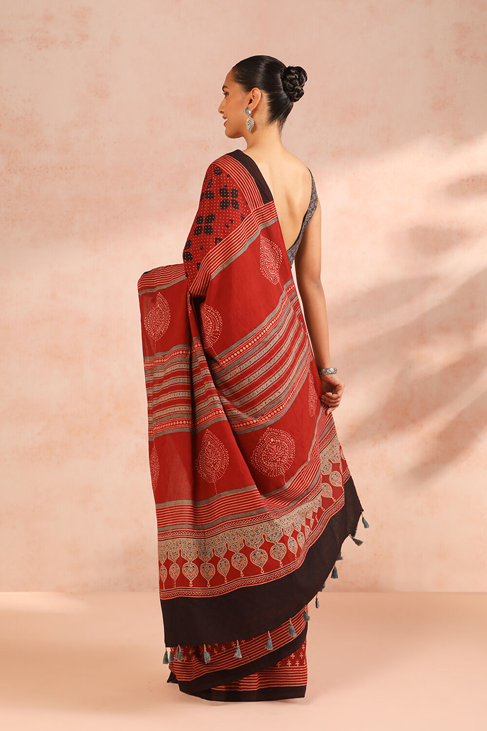 Red Gujarat Pure Cotton Ajrakh Block Print Saree image number null