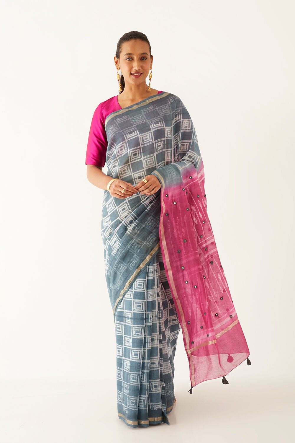 Dark Blue Pure Silk Cotton Shibori Saree image number null