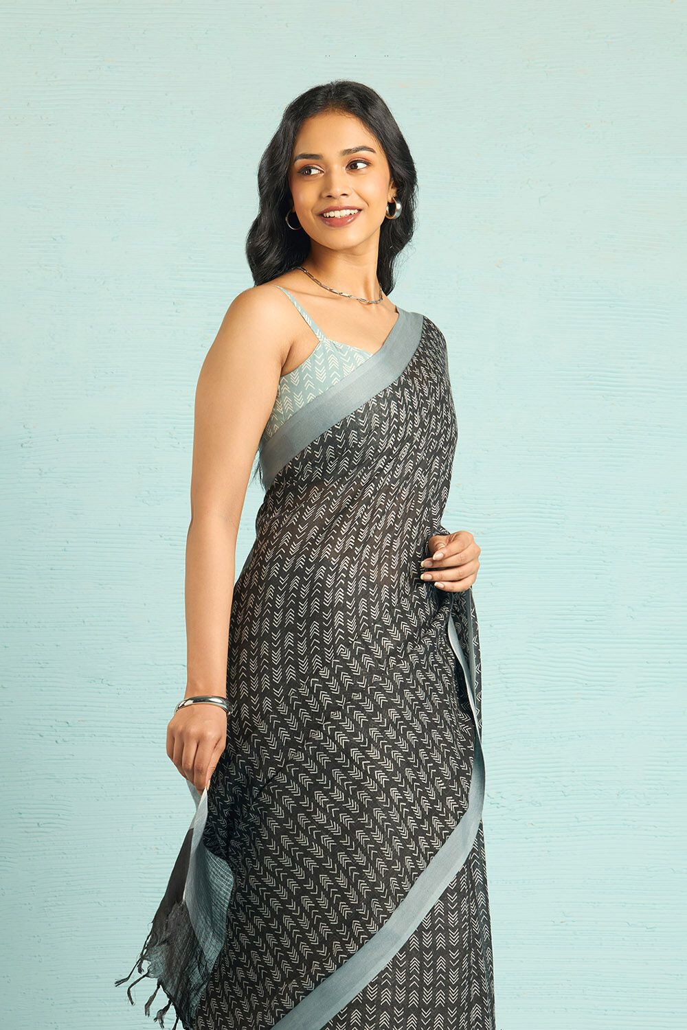 Black Screen Printed Pure Linen Saree image number null