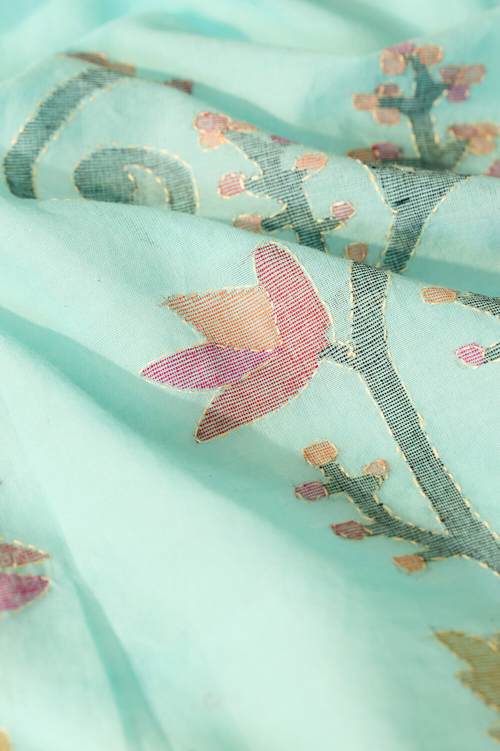 Blue Bengal Pure Cotton Kantha Embroidered Saree image number null