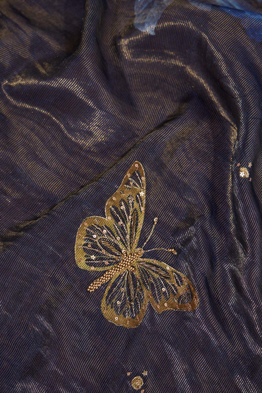 Dark Blue Pure Silk Tissue Embroidered Saree image number null