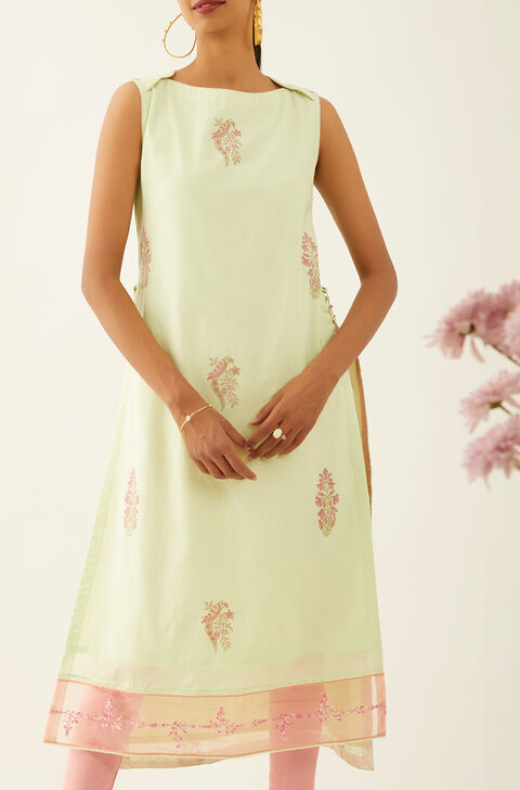 Light Green Viscose Block Printed Kurta