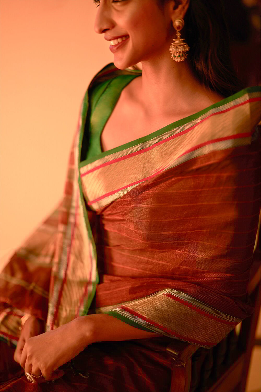 Brown Woven Pure Tissue Cotton Maheshwari Saree image number null