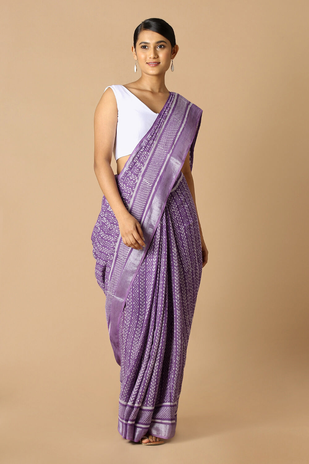 Violet Pure Cotton Linen Bagru Printed Saree image number null