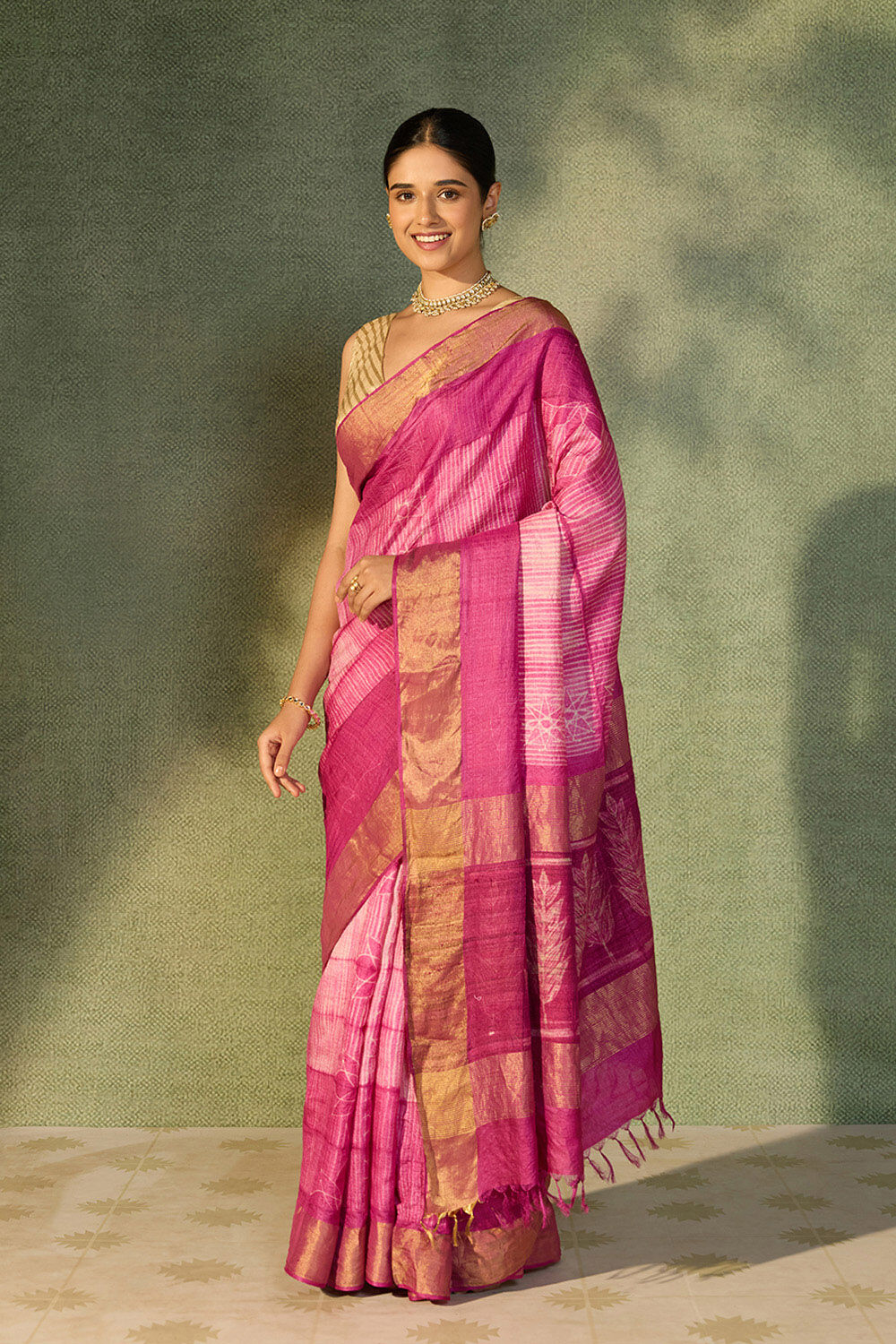 Pink Rajasthan Pure Tussar Silk Tie and Dye Shibori Saree image number null