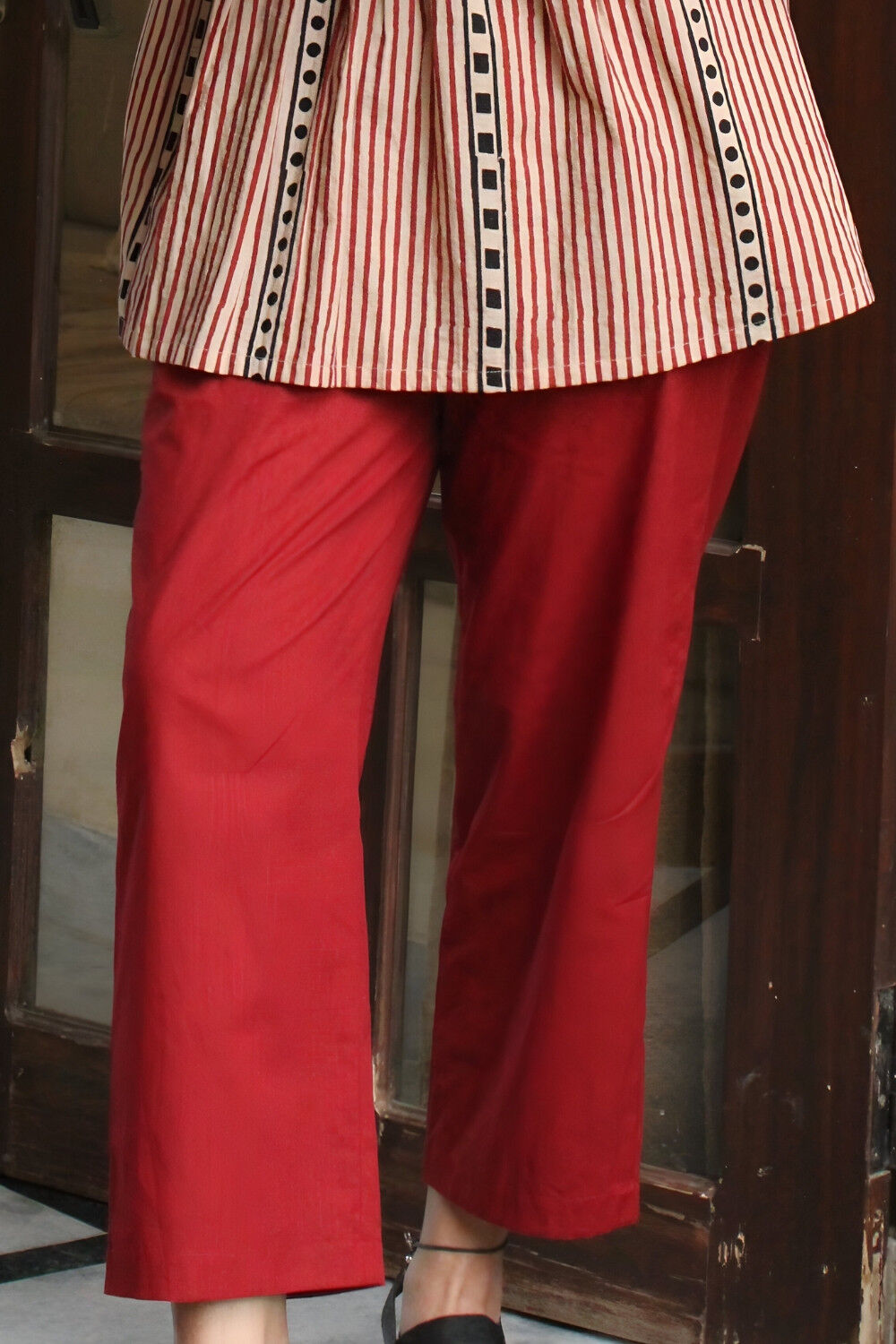 Red Woven Pure Cotton Trouser image number null