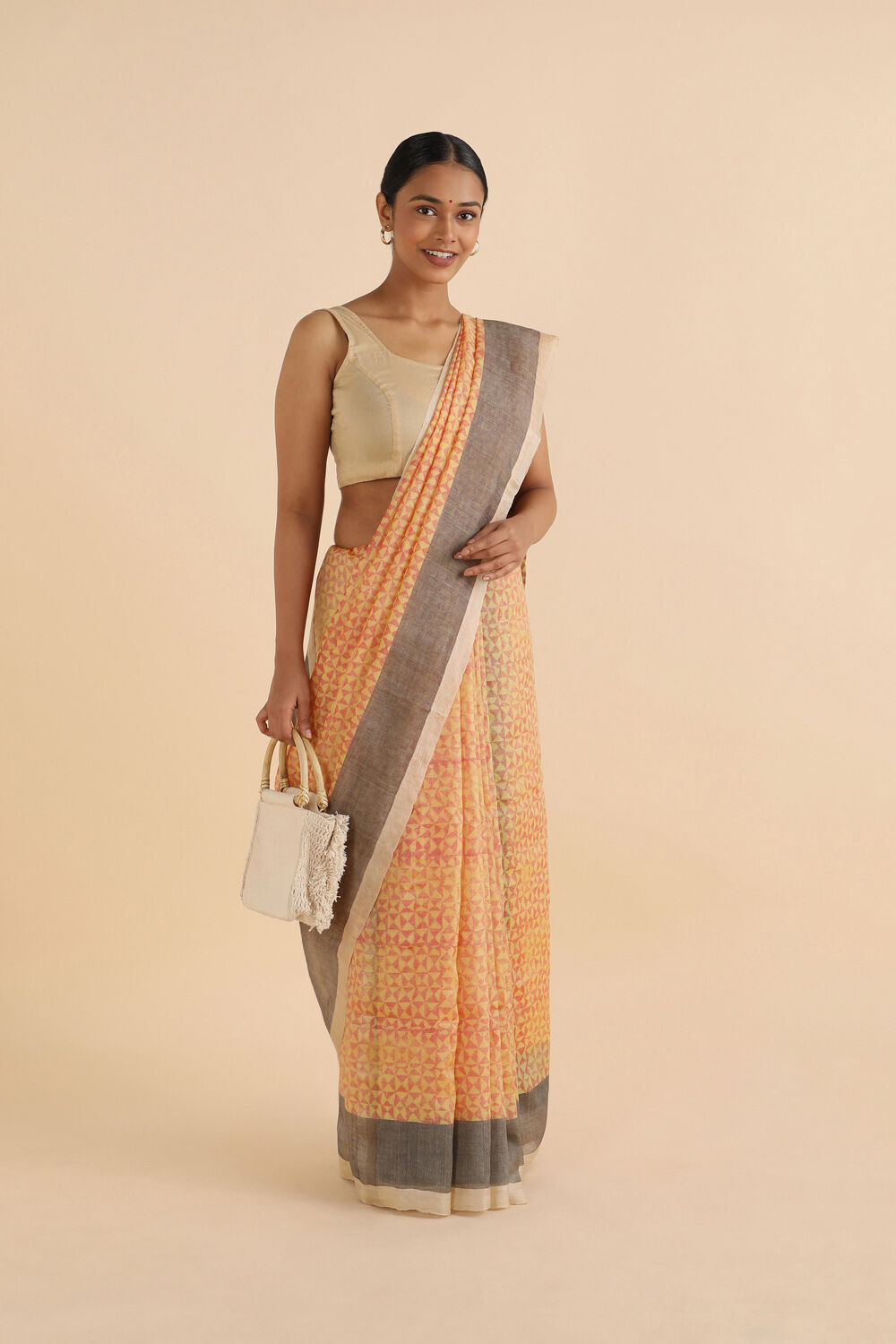 Light Yellow Pure Linen Tussar Printed Saree image number null