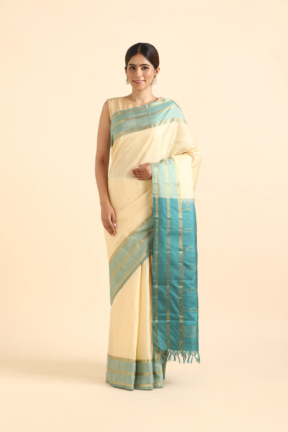 Beige Pure Silk Kanjivaram inspired Saree image number null