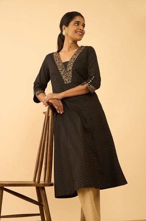 Black Screen Printed Pure Cotton Kurta