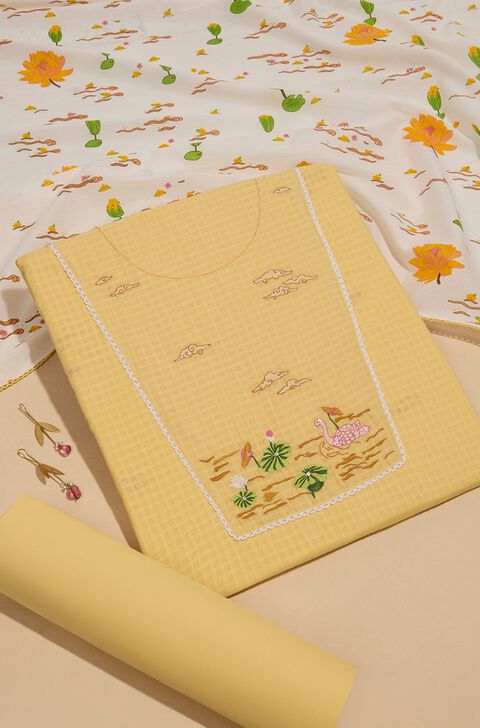 Light Yellow Pure Cotton Embroidered Unstitched Suit Set