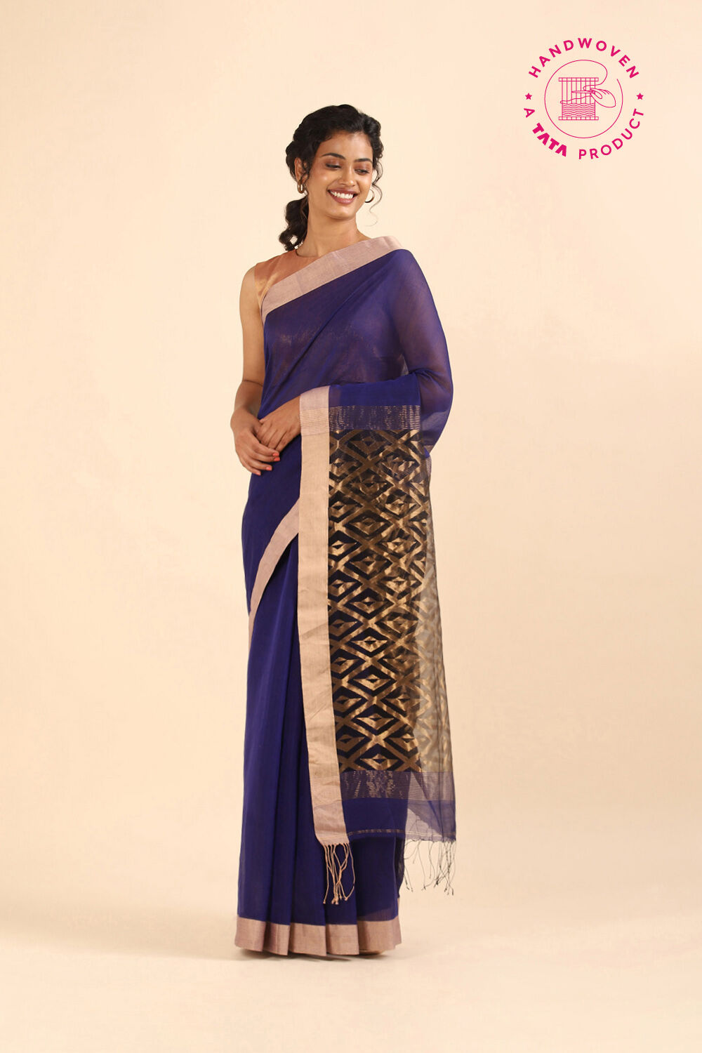 Dark Blue Pure Silk Cotton Bengal Saree image number null