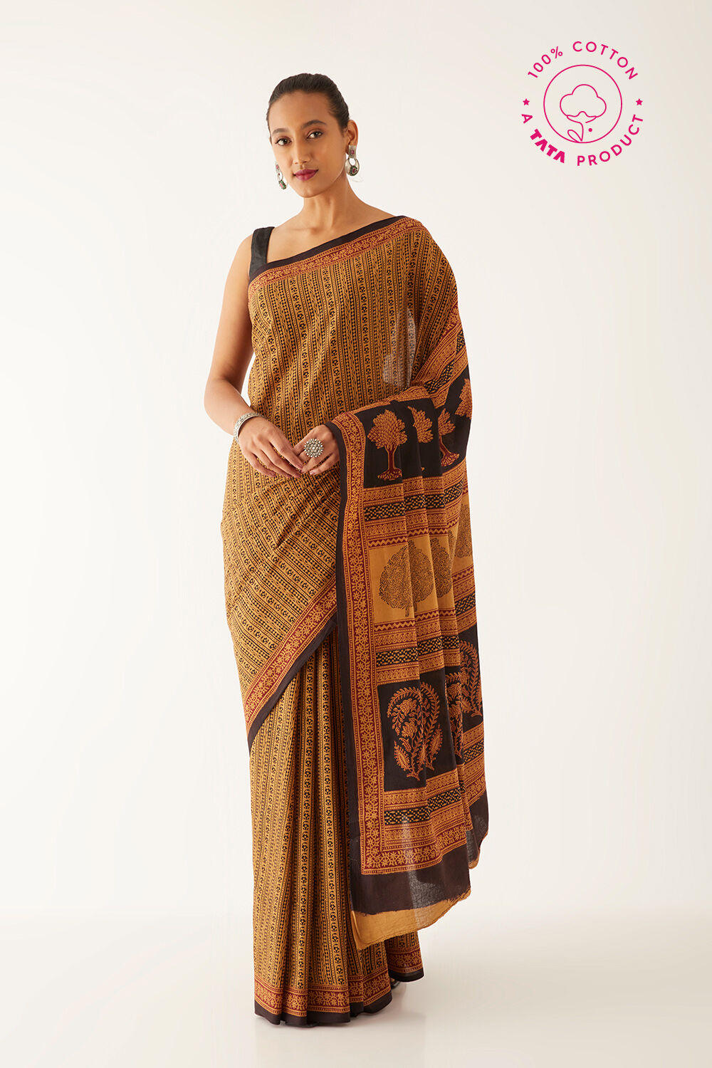 Beige Pure Cotton Bagh Printed Saree image number null