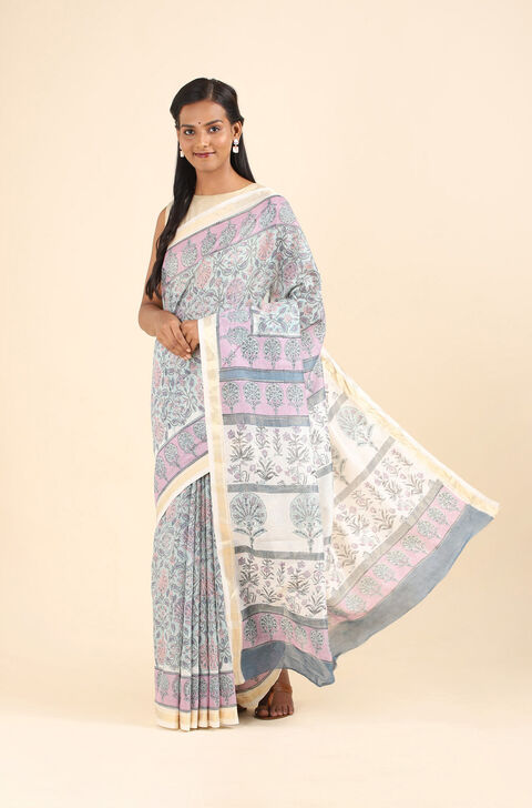 Light Blue Pure Silk Cotton Sanganeri Printed Saree