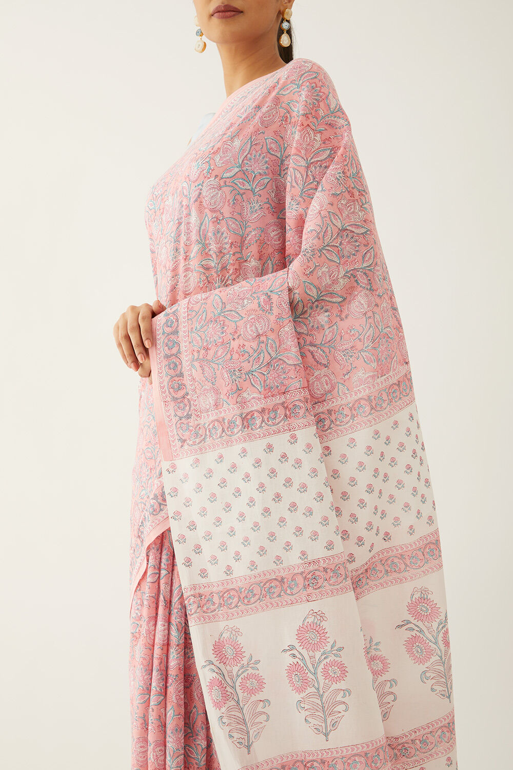 Light Pink Pure Cotton Block Print Saree image number null