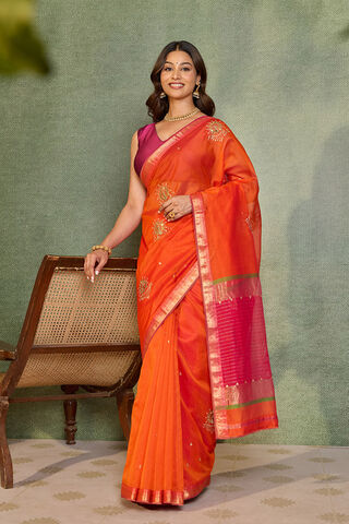 Orange Maheshwari Pure Silk Cotton Gotta Patti Saree image number