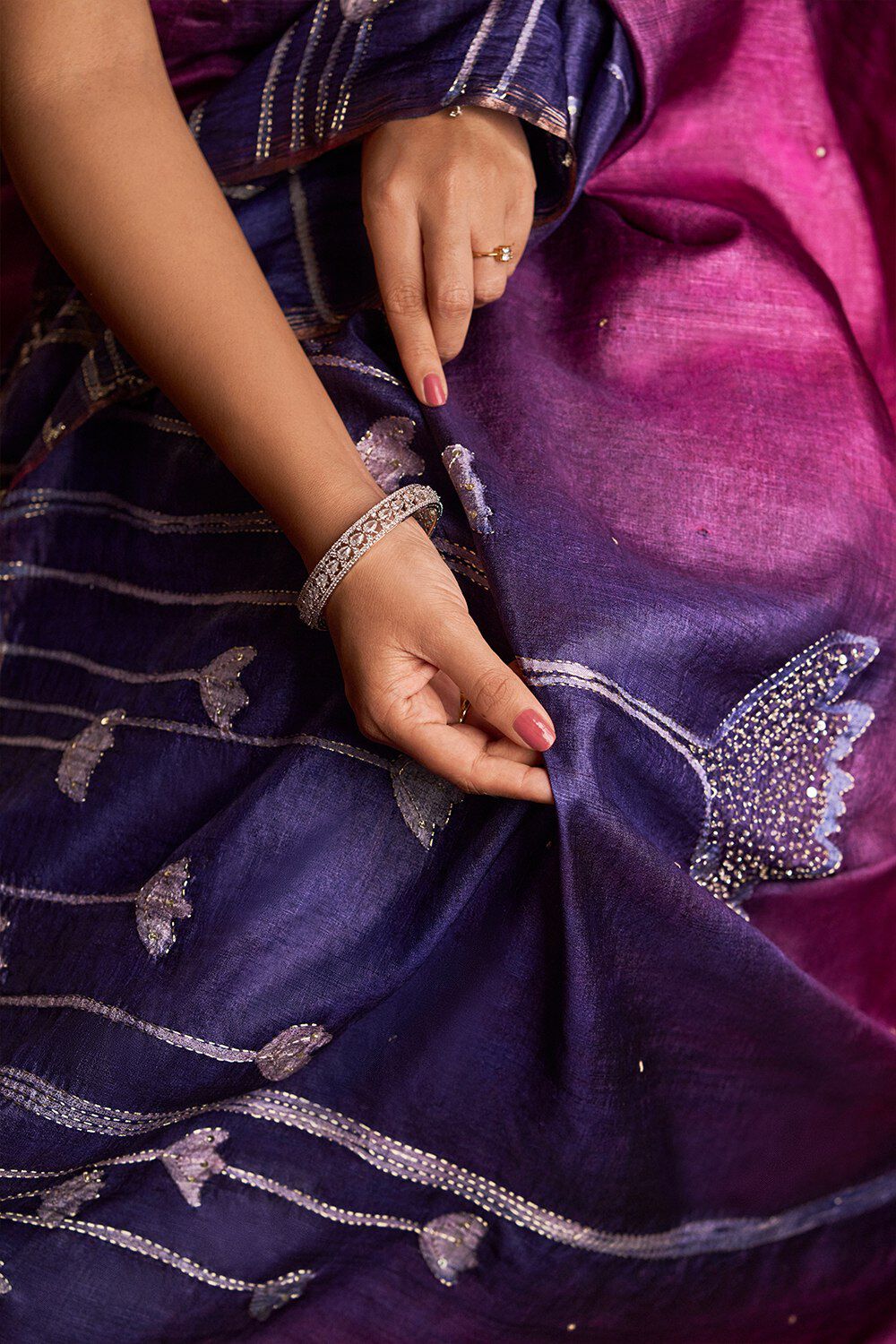 Purple Bengal Pure Tussar Silk Hand Painted Saree image number null