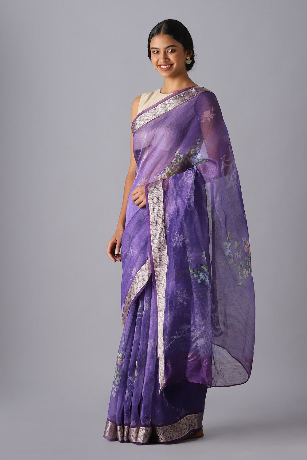 Purple Pure Silk Linen Digital Printed Saree image number null