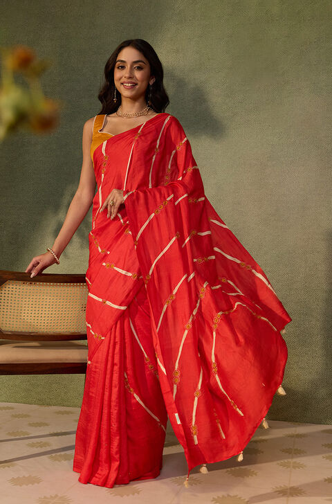 Red Pure Silk Aari Embroidery Saree