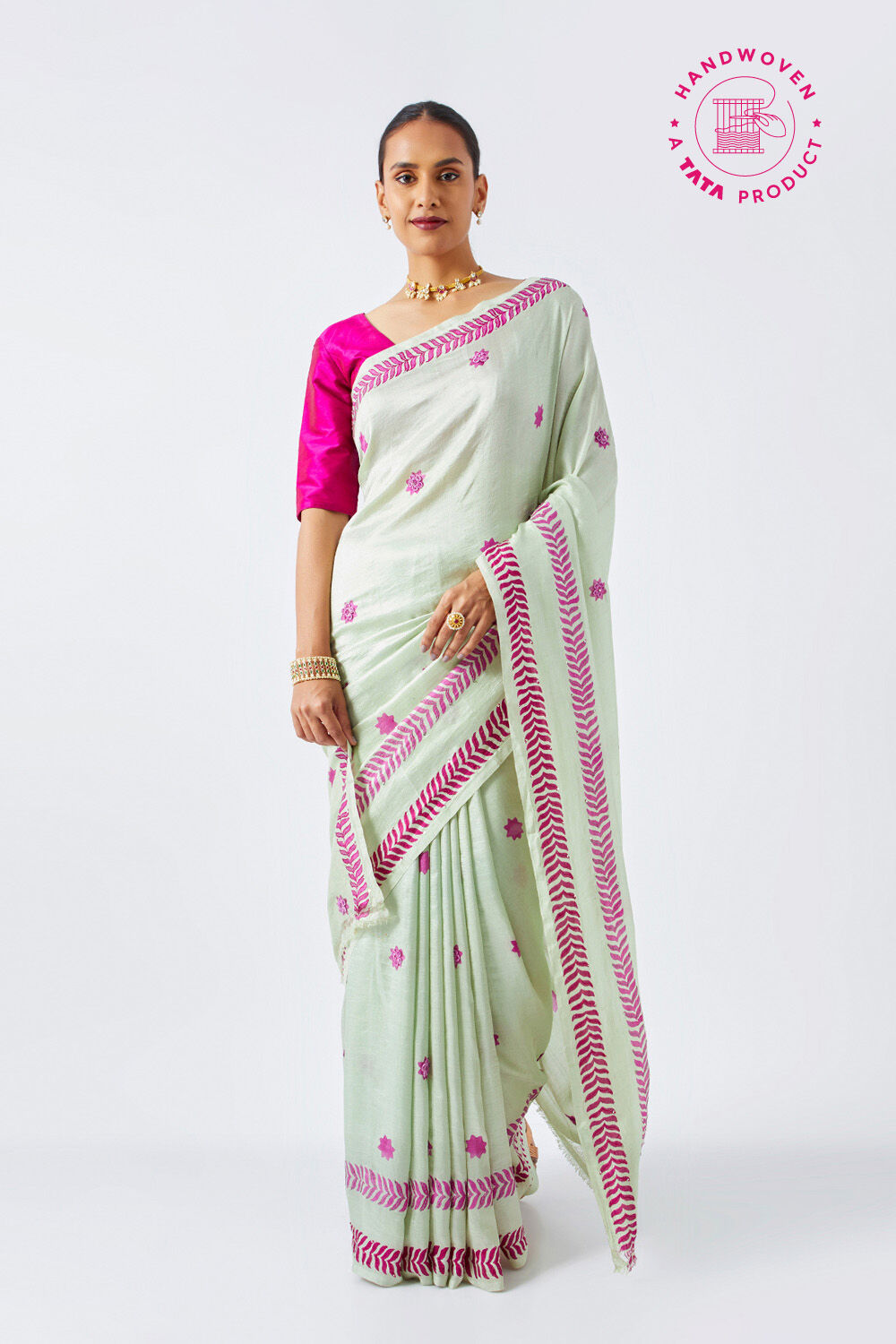 Light Green Pure Silk Hand Painted Saree image number null