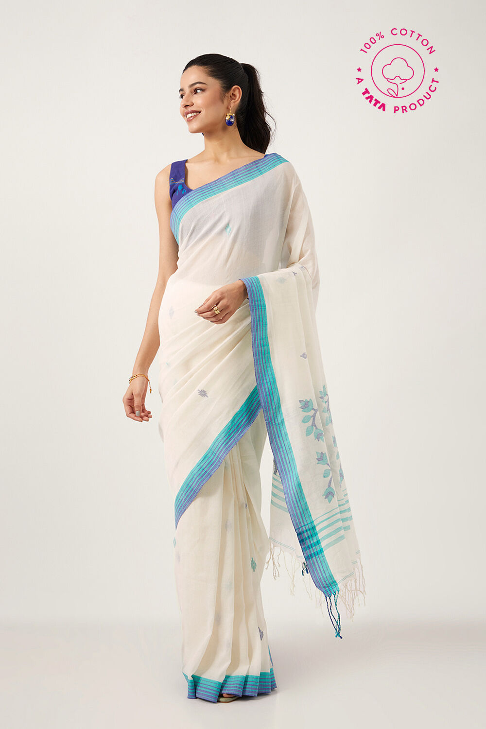 Off White Pure Cotton Bengal Saree image number null