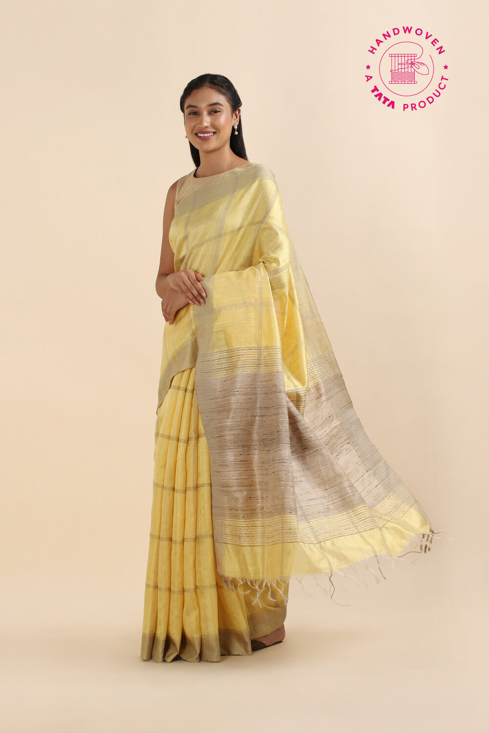 Light Yellow Pure Tussar Silk Bhagalpuri Saree image number null