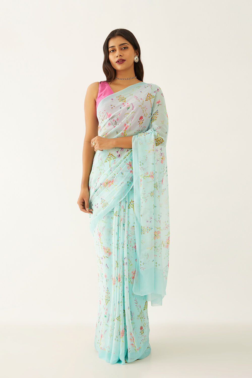 Light Blue Viscose Georgette Digital Print Saree image number null