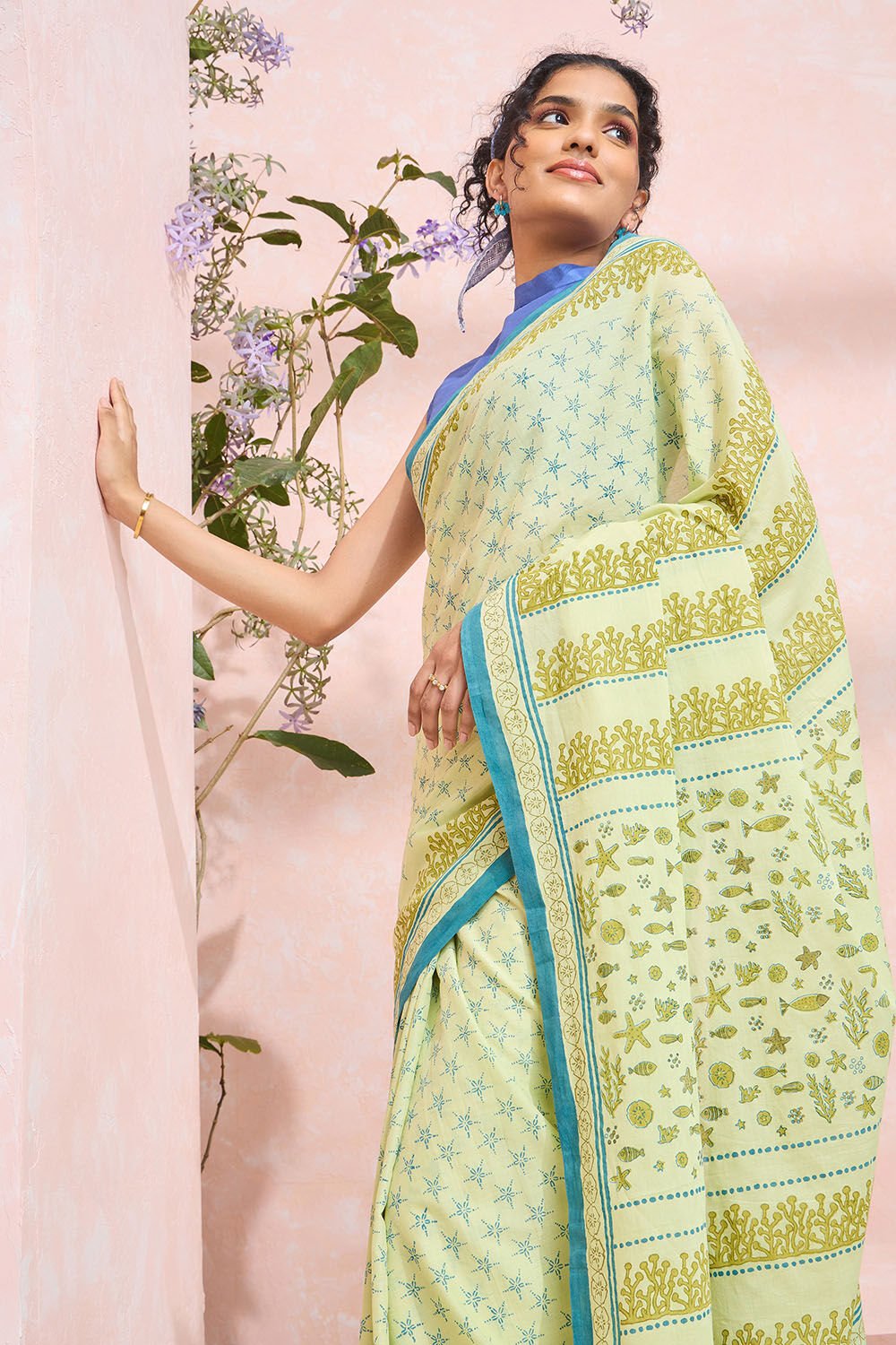 Light Green Pure Cotton Mulmul Block Printed Bengal Saree image number null
