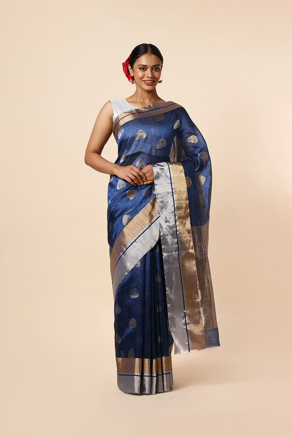 Dark Blue Pure Silk Chanderi Saree image number null