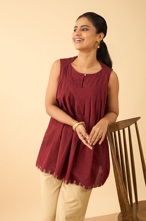 Dark Red Embroidered Pure Cotton Short Top