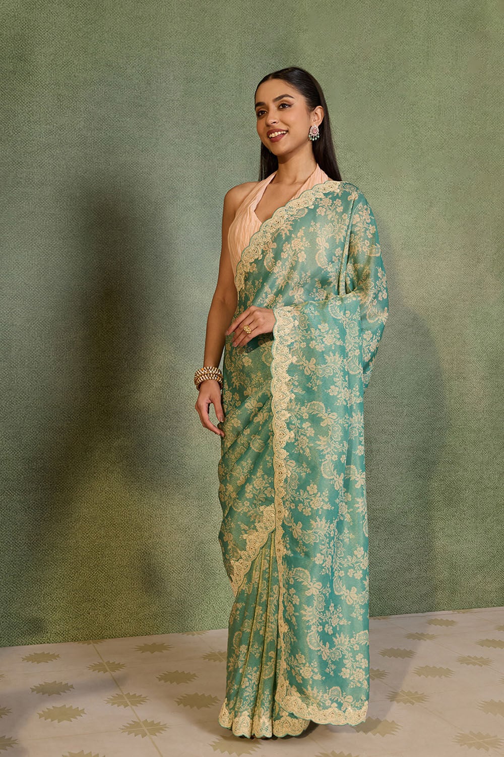 Blue Viscose Tissue Embroidered Saree image number null