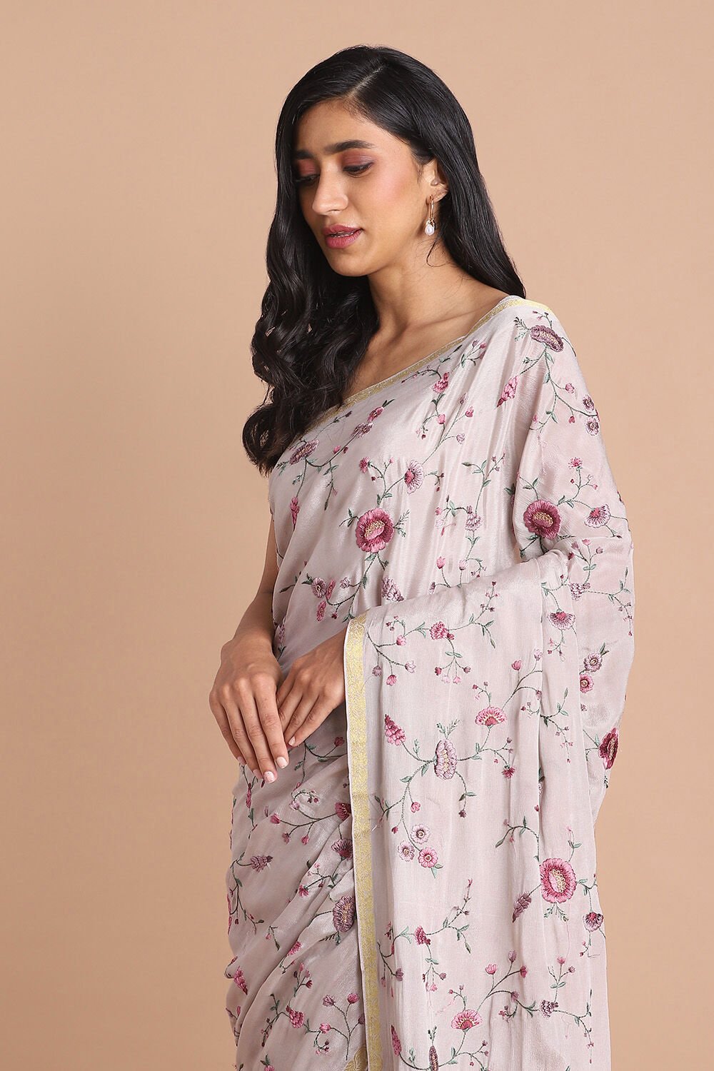 Grey Pure Viscose Embroidered Saree image number null