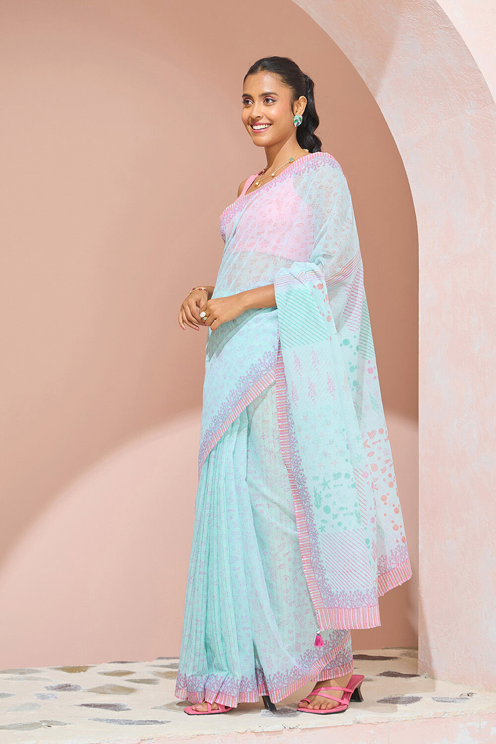 Light Blue Bengal Block Printed Pure Cotton Kota Saree image number null