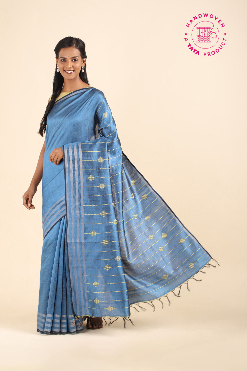 Dark Blue Pure Tussar Silk Bhagalpuri Saree image number null