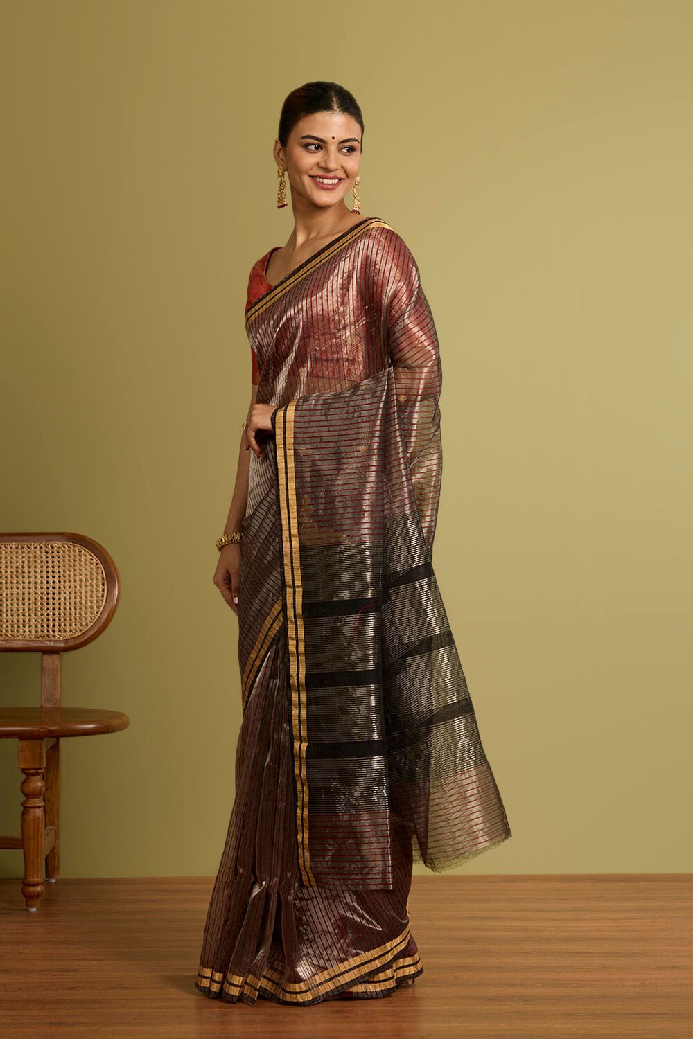 Dark Red Woven Pure Silk Tissue Chanderi Saree image number null