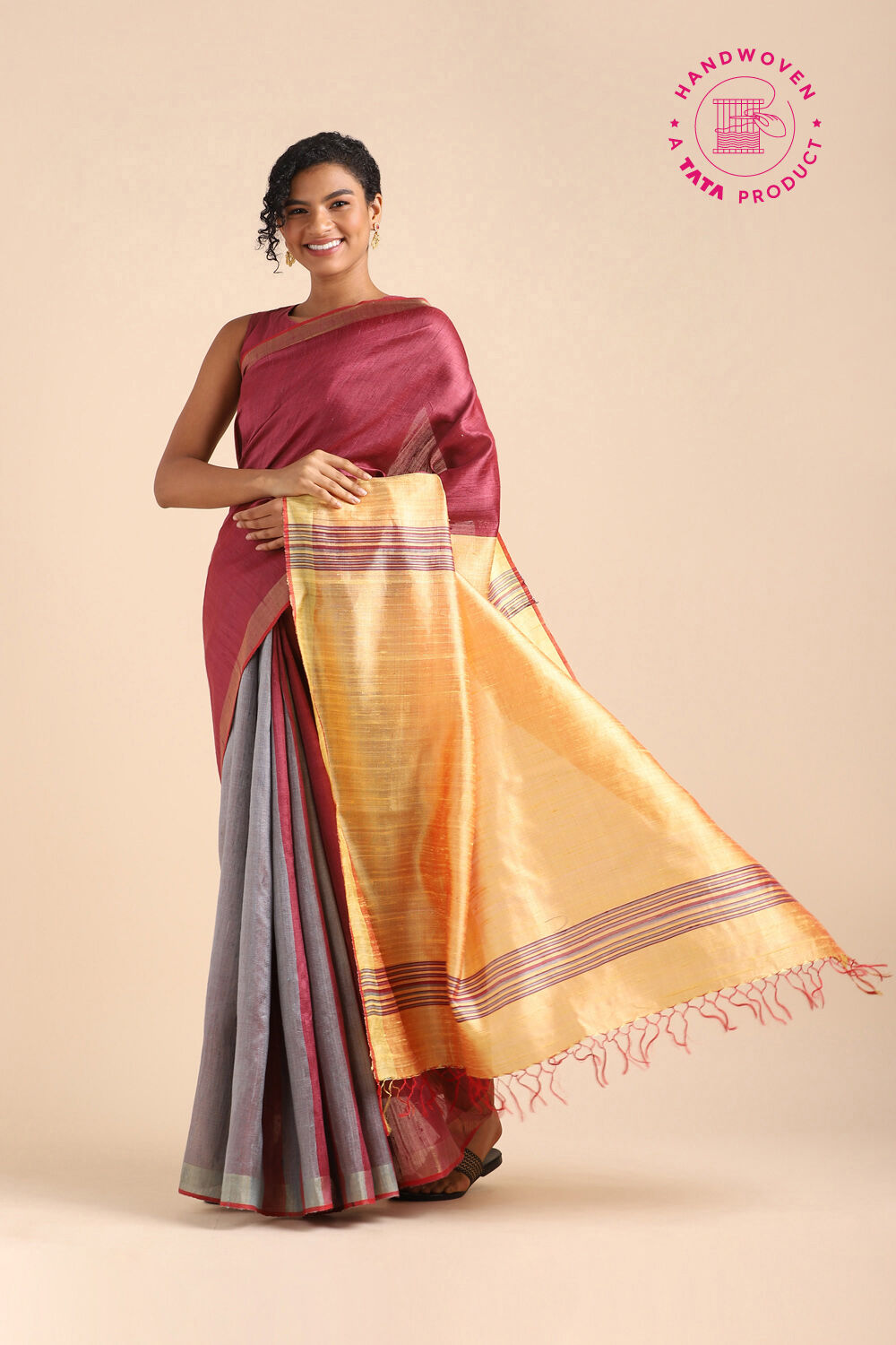 Dark Pink Pure Tussar Silk Bhagalpuri Saree image number null