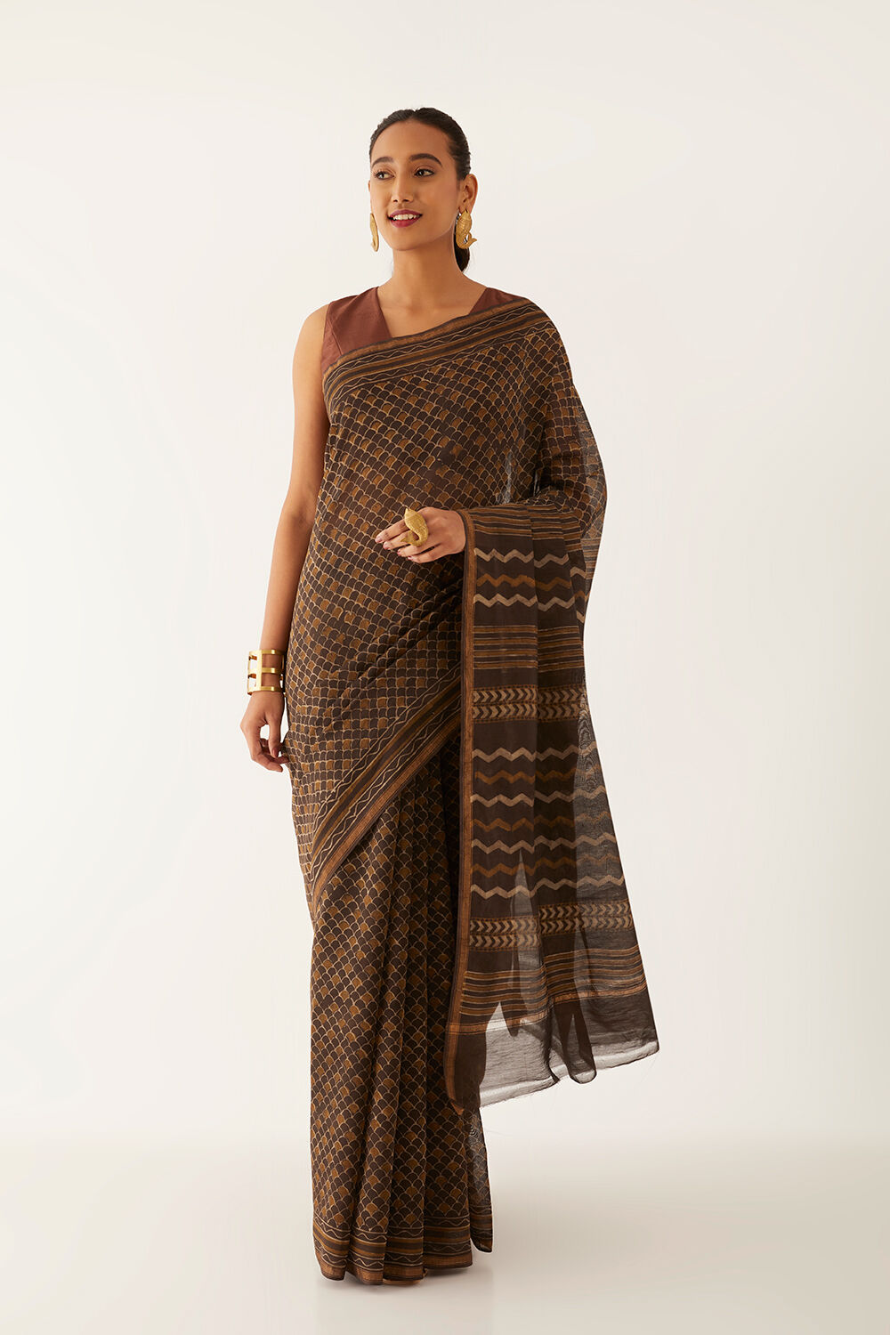 Brown Pure Silk Cotton Bagru Printed Saree image number null