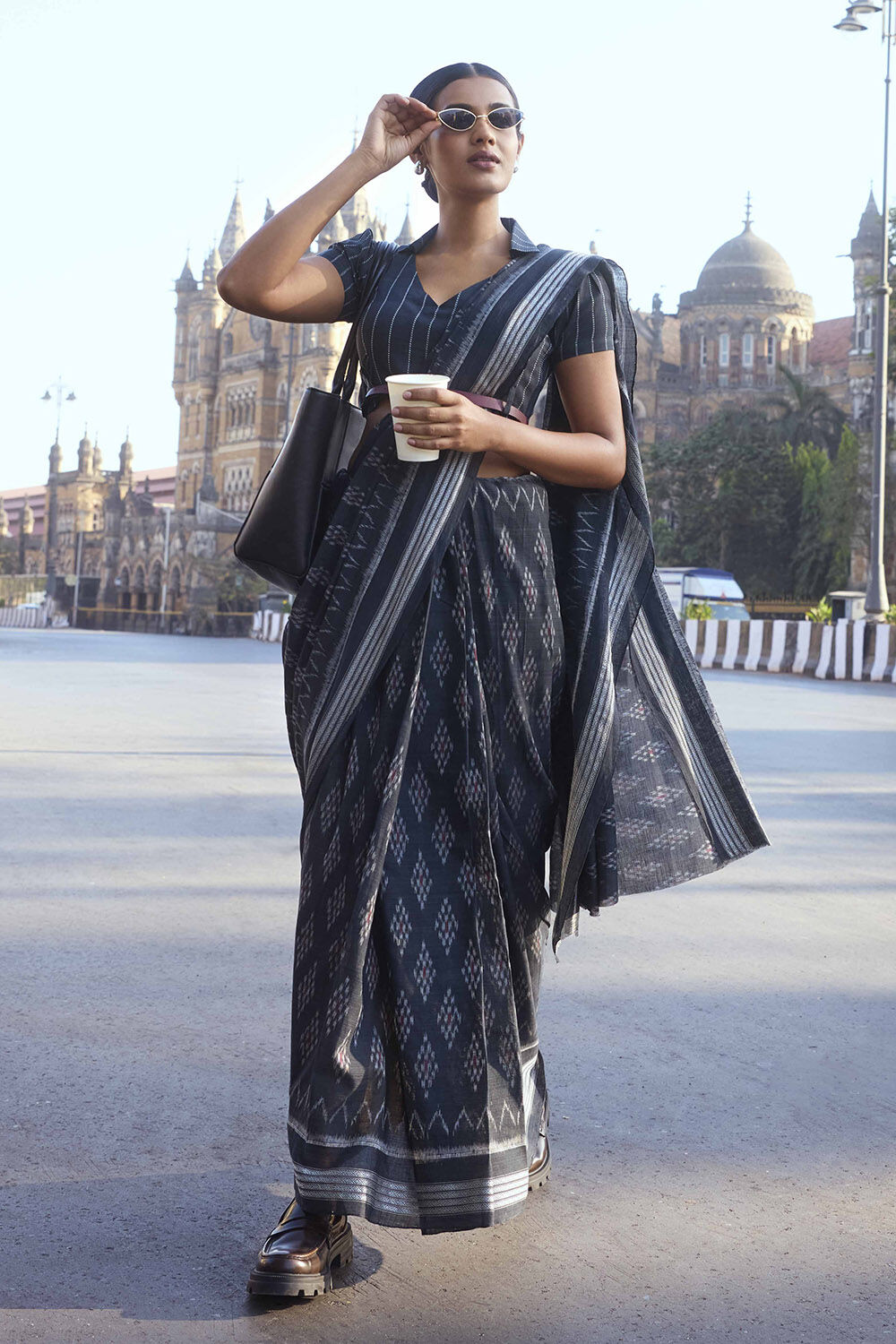Black ikkat saree top