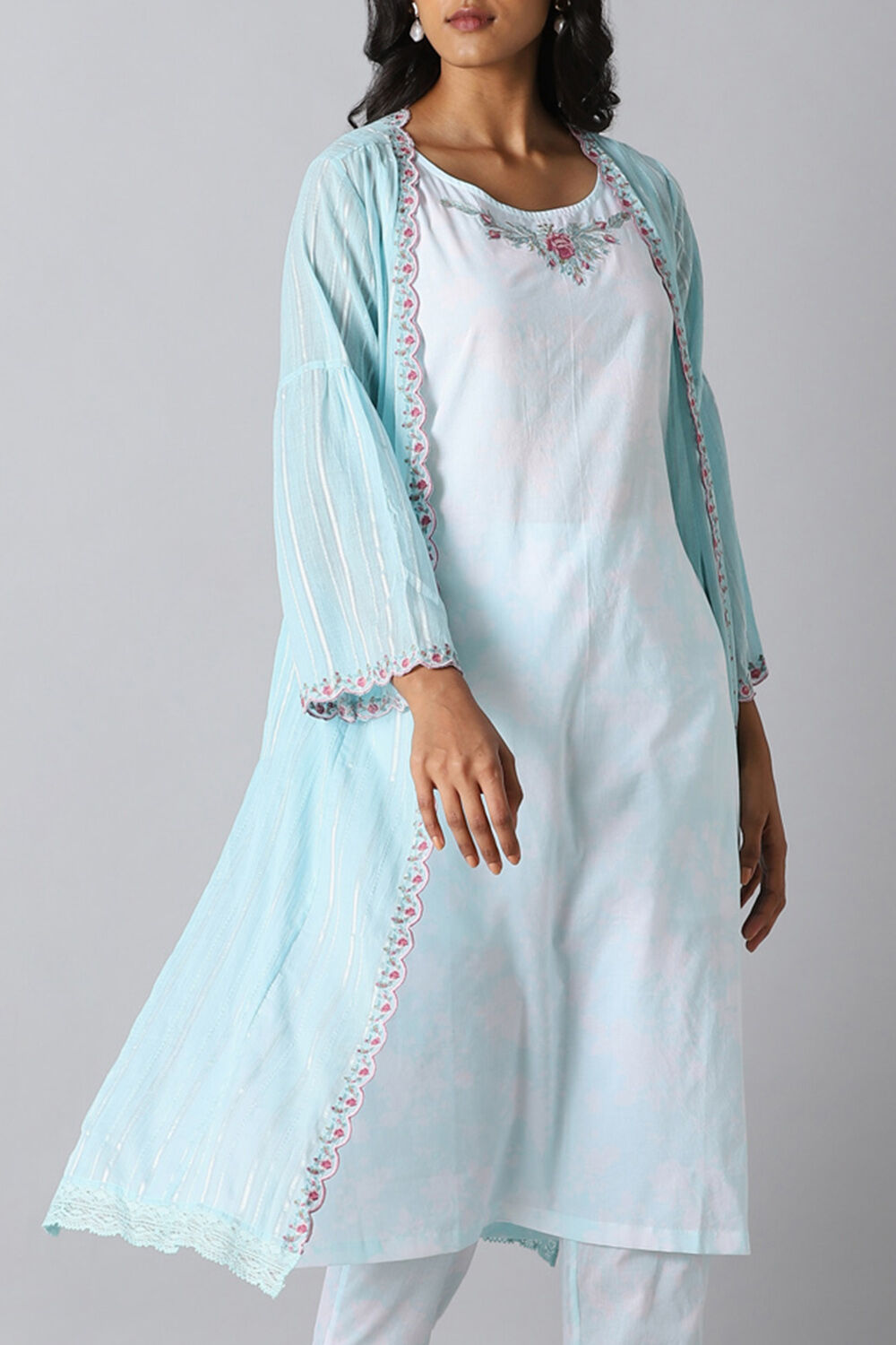 Light Blue Cotton Embroidered Kurta Set image number null