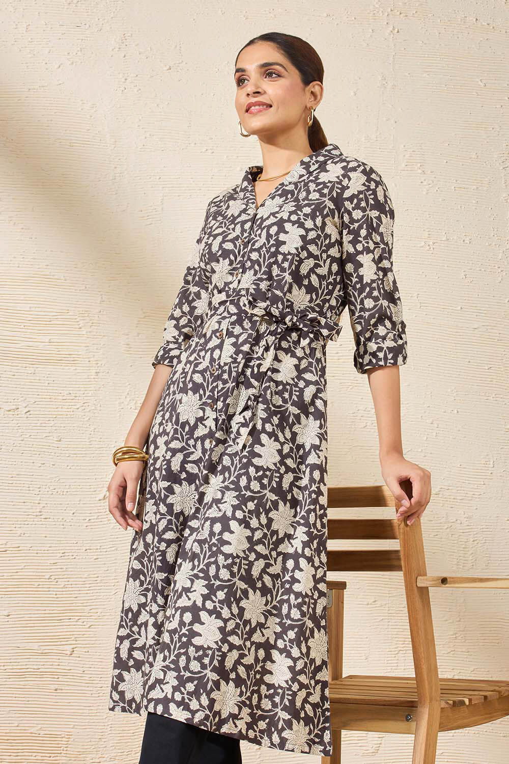 Black Pure Cotton Printed Sanganeri Kurta image number null