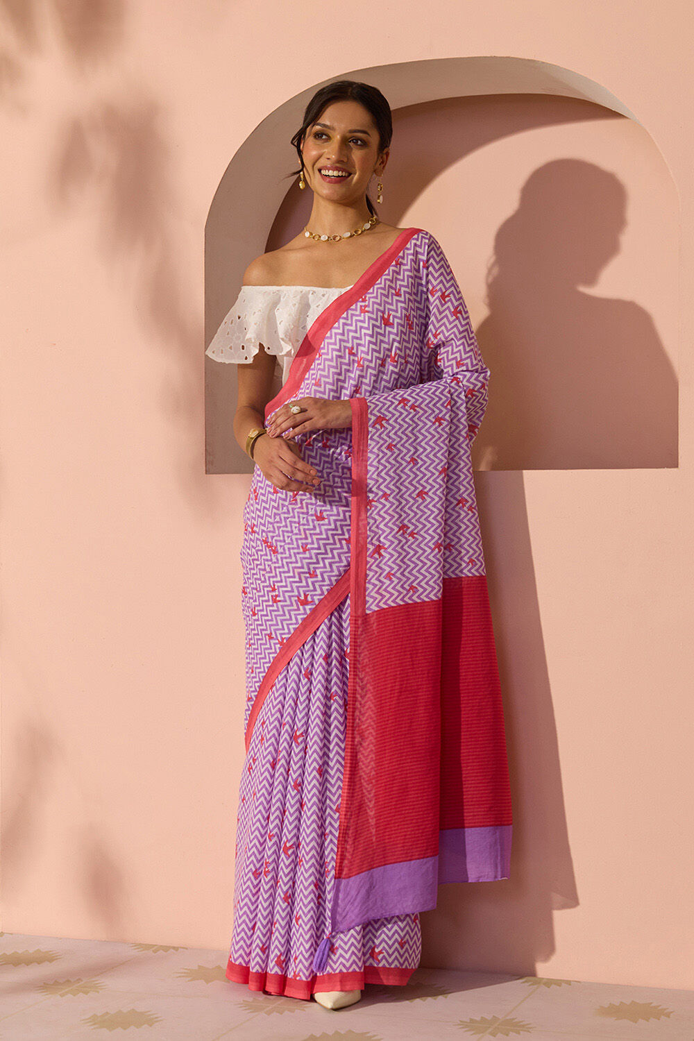 Light Violet Bengal Screen Printed Pure Cotton Mulmul Saree image number null