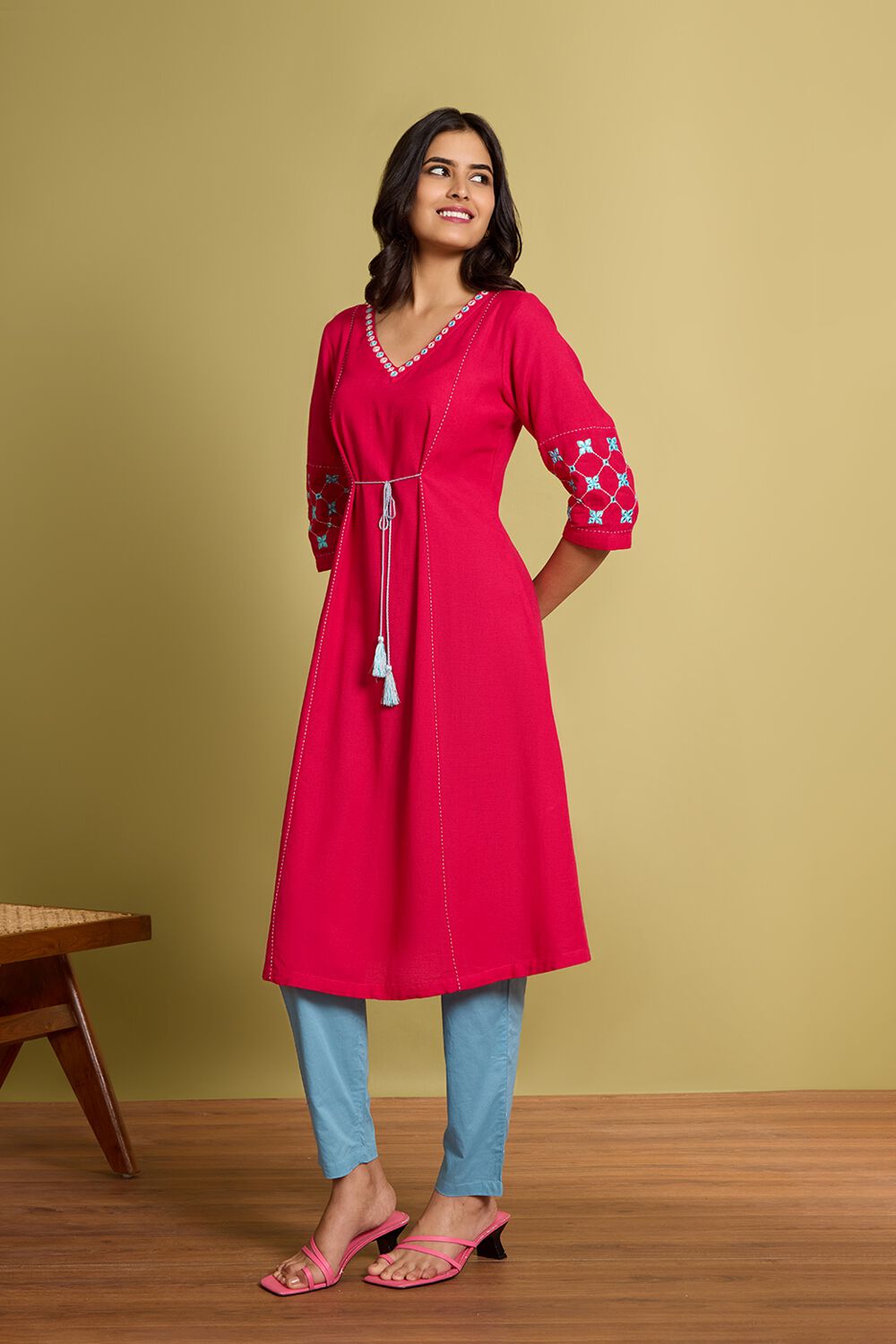 Pink Viscose Cotton Embroidered Kurta image number null