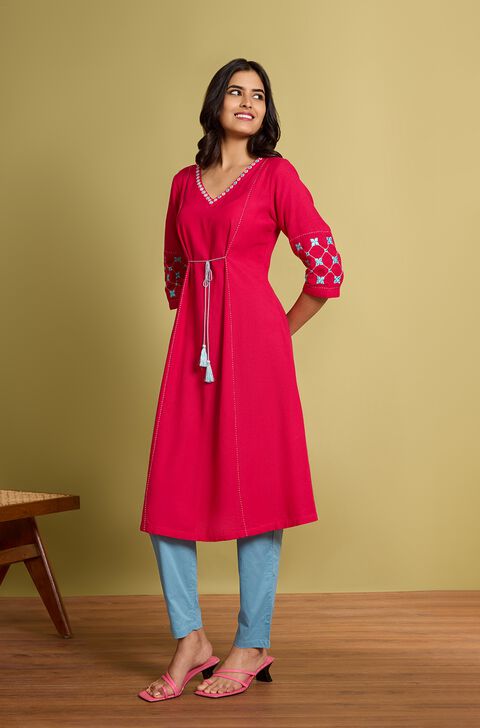 Pink Viscose Cotton Embroidered Kurta
