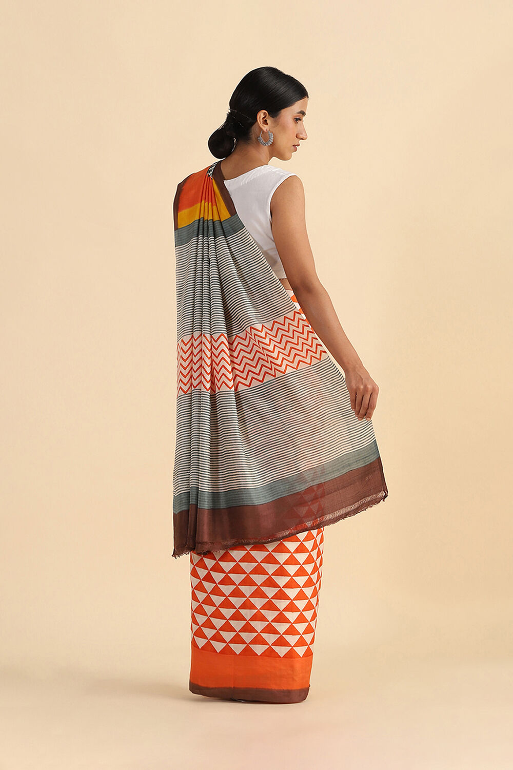 Orange Hand Blockprinted Pure Silk Saree image number null