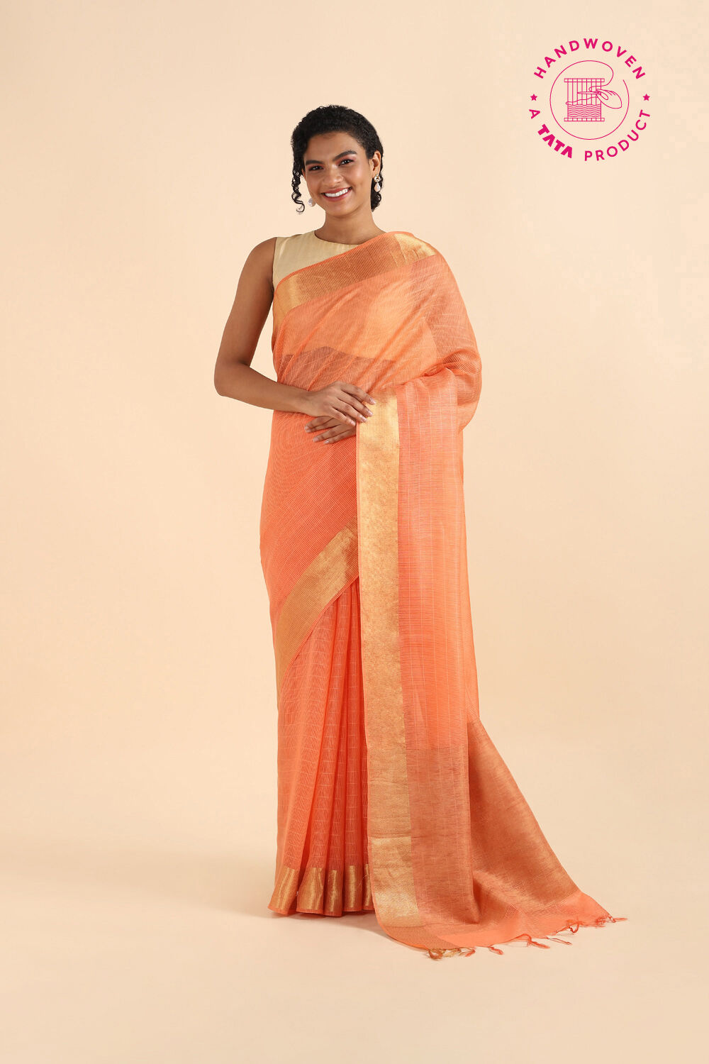 Light Orange Pure Silk Woven Saree image number null