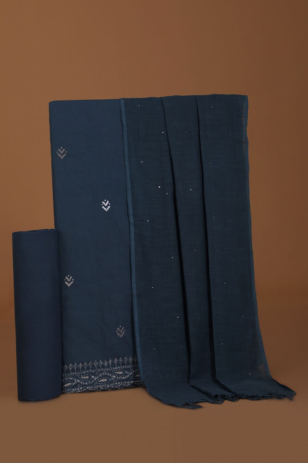 Dark Blue Pure Cotton Kantha Embroidered Unstitched Suit Set image number null
