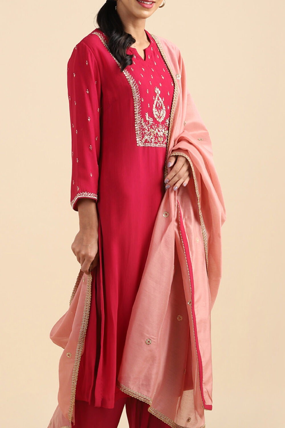 Dark Pink Viscose Embroidered Kurta Set image number null
